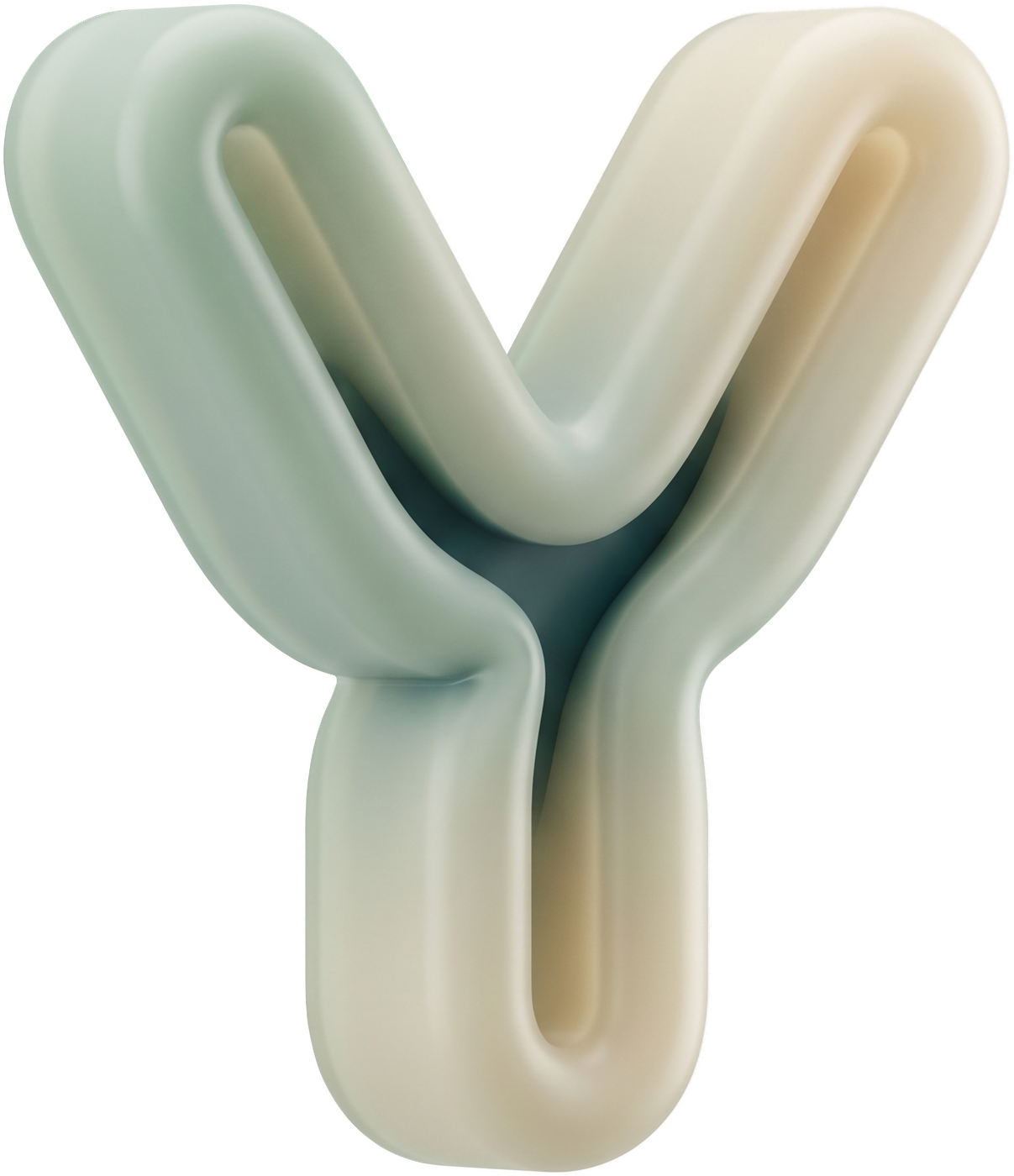 The Yoki mark: a rounded three-dimensional Y in soft sage and oat